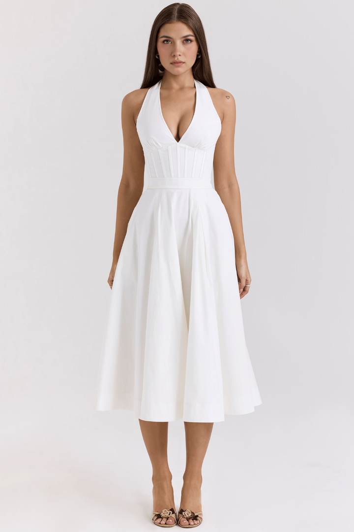 Beyaz Halter Yaka Midi Elbise