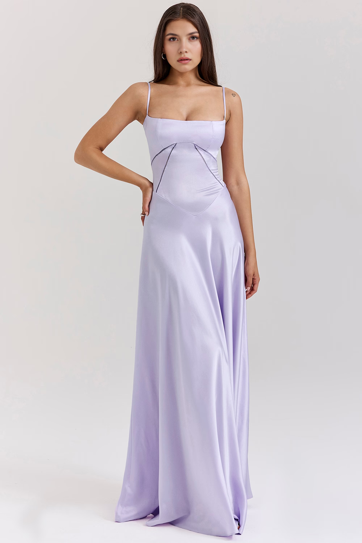Lilac Flow İnce Askılı Saten Uzun Elbise