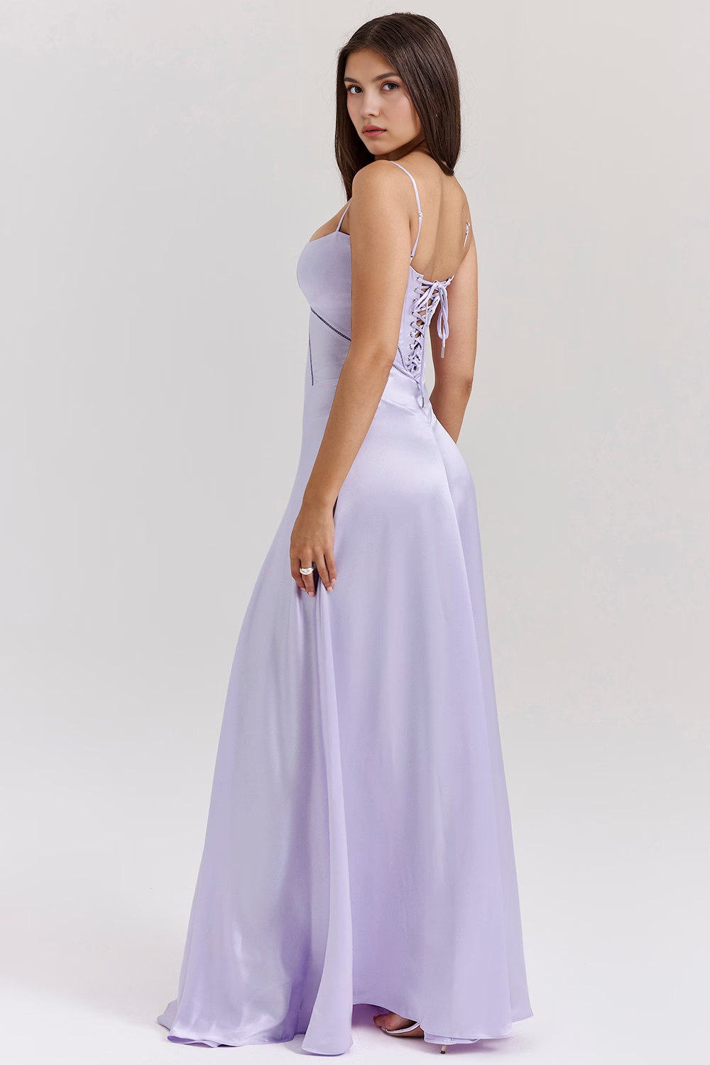 Lilac Flow İnce Askılı Saten Uzun Elbise