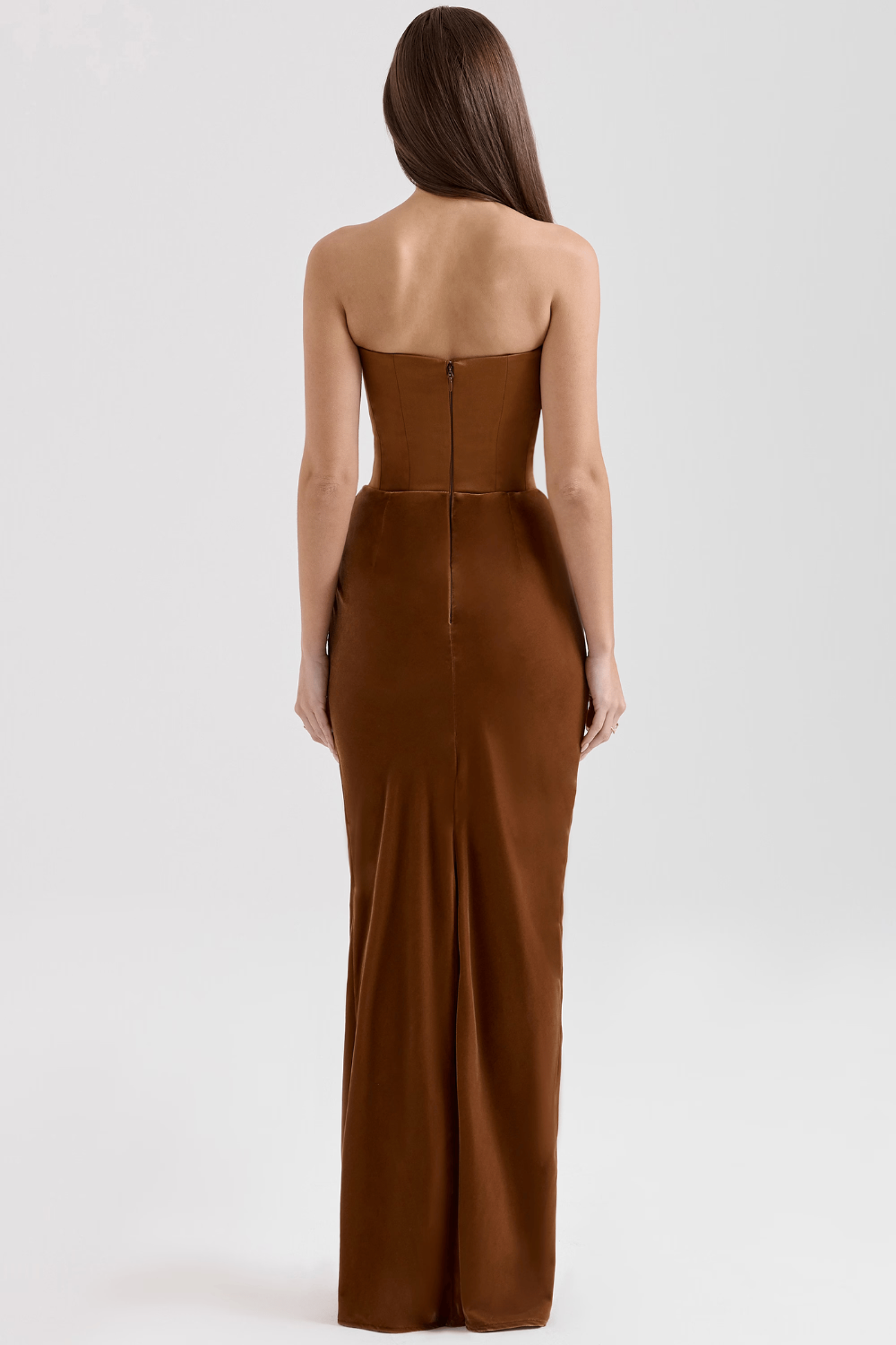 Bronzed Silhouette Korse Form Straplez Saten Elbise