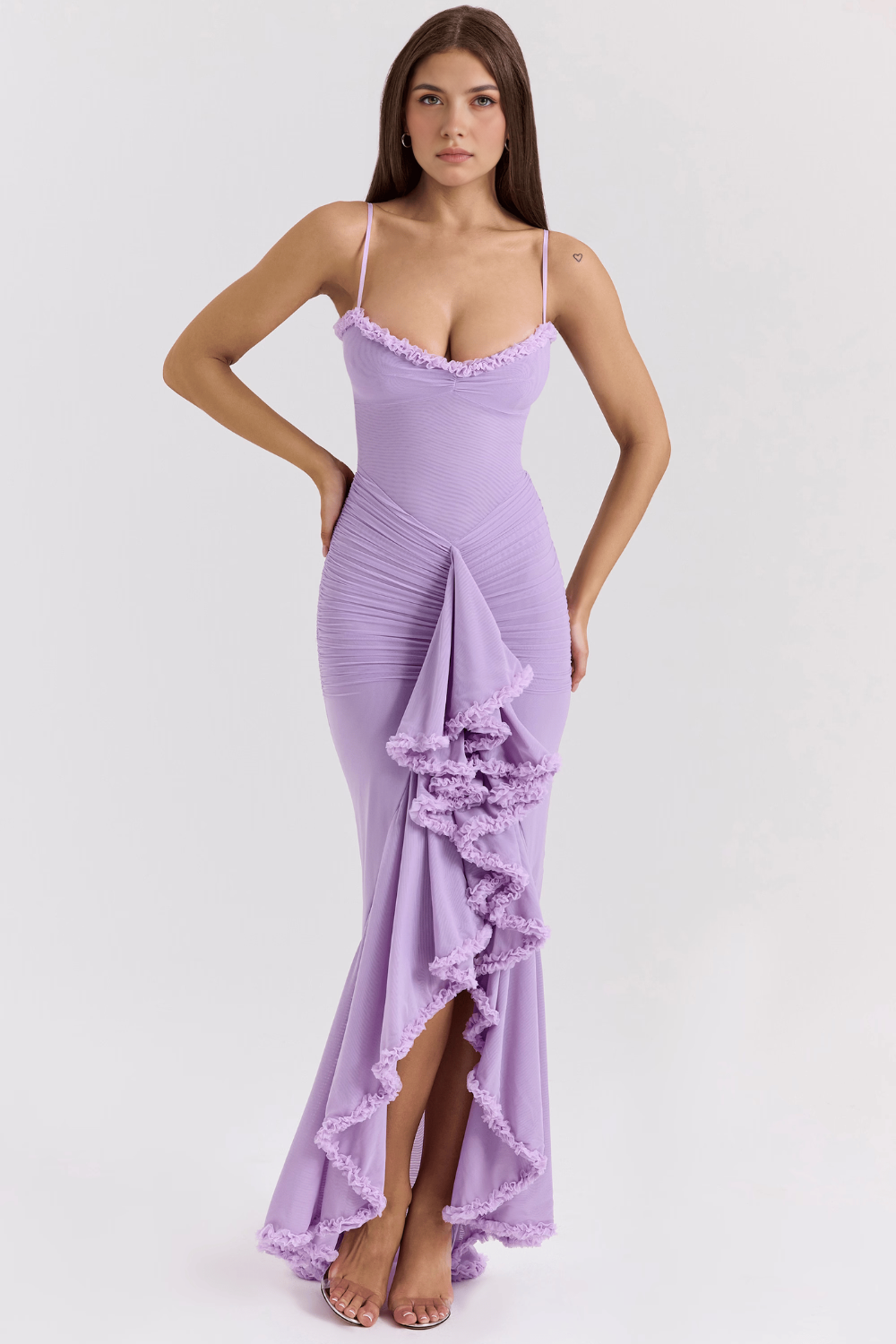 Lilac Ruffle Dantel Detaylı Yırtmaçlı Uzun Elbise