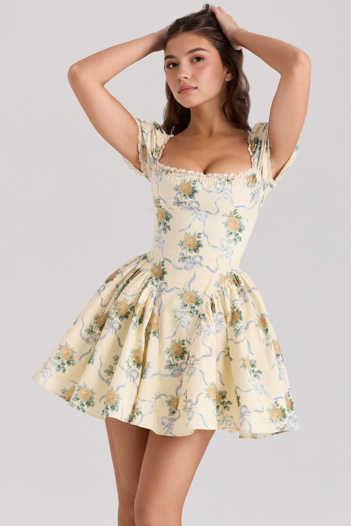 Valentino Sarı Çiçek Desenli Mini Elbise
