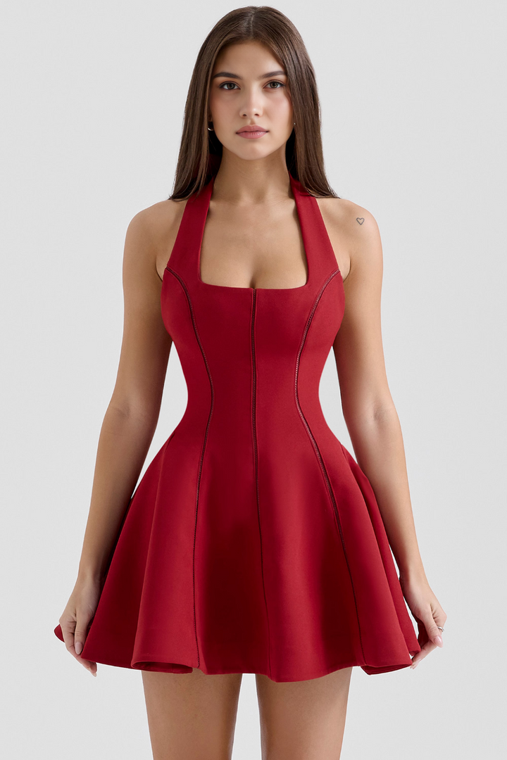 Kırmızı Halter Yaka Mini Elbise