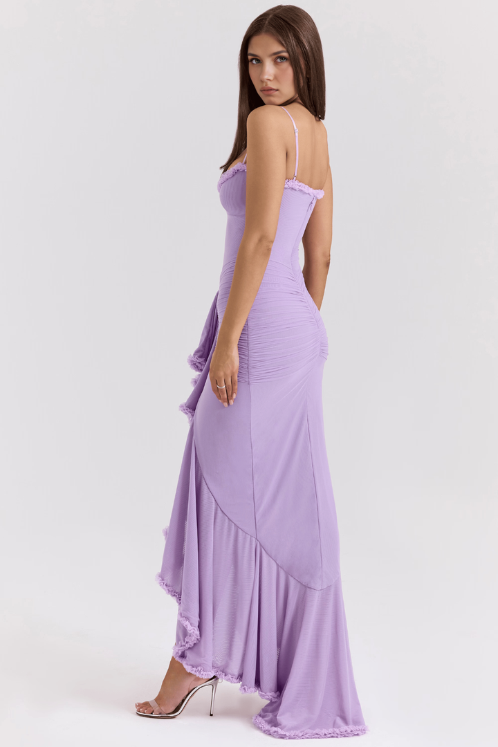 Lilac Ruffle Dantel Detaylı Yırtmaçlı Uzun Elbise