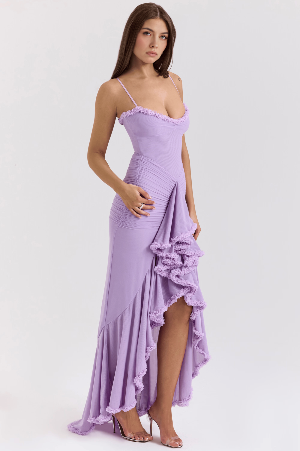 Lilac Ruffle Dantel Detaylı Yırtmaçlı Uzun Elbise