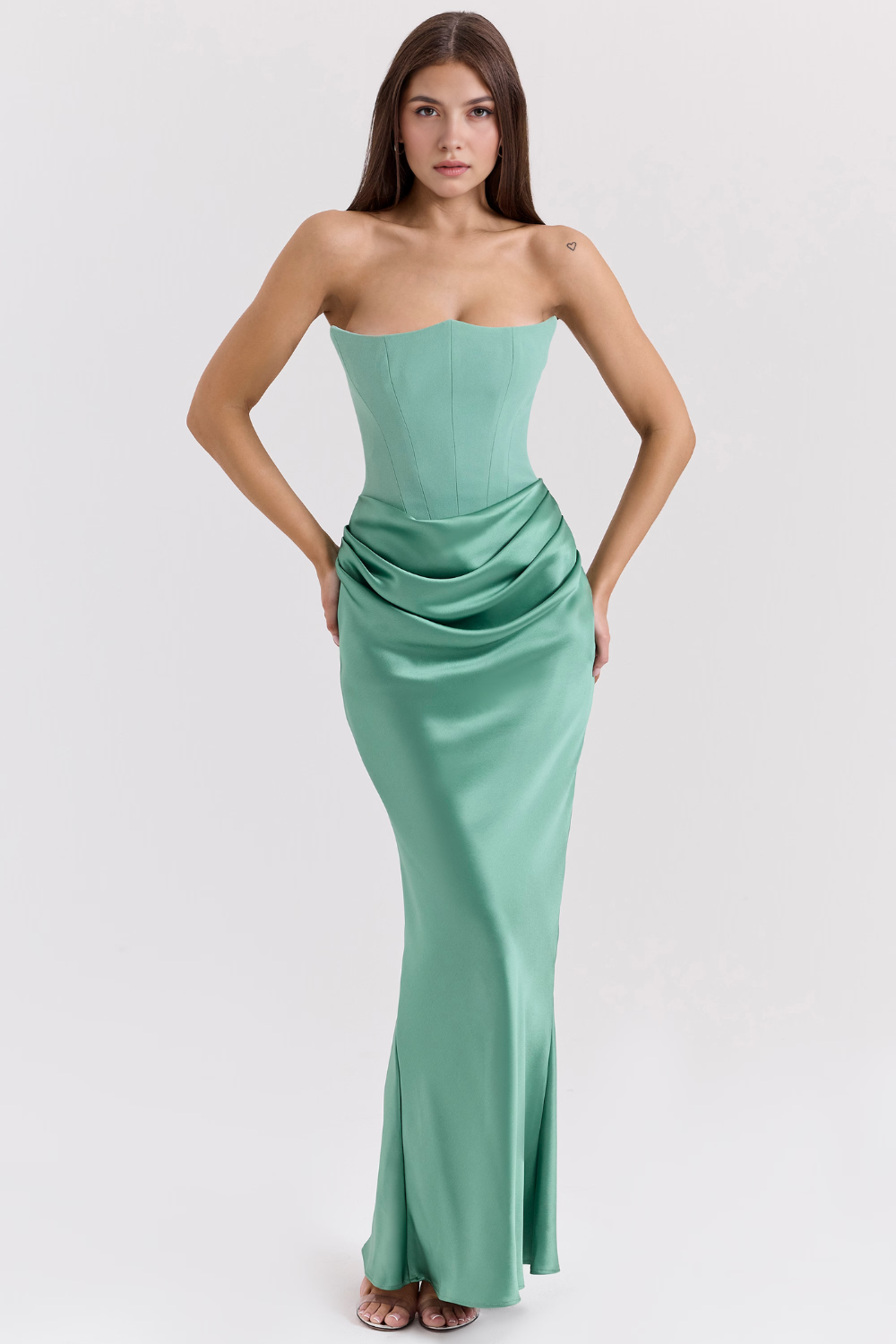 Bronzed Silhouette Korse Form Straplez Saten Elbise