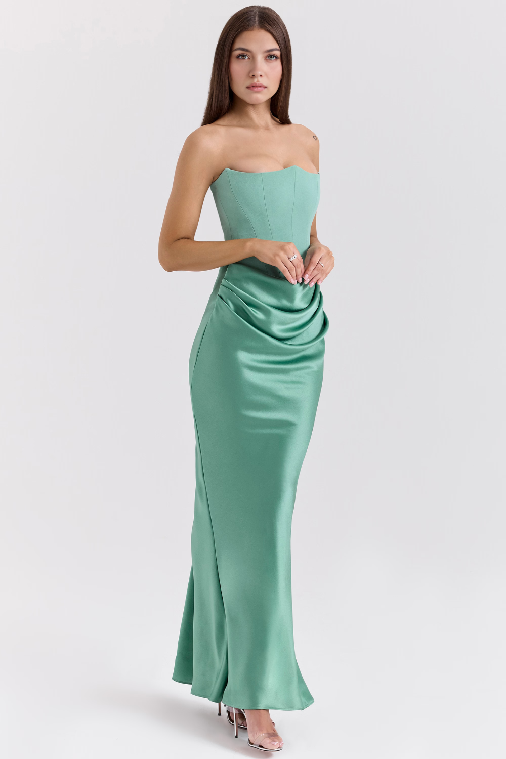 Bronzed Silhouette Korse Form Straplez Saten Elbise
