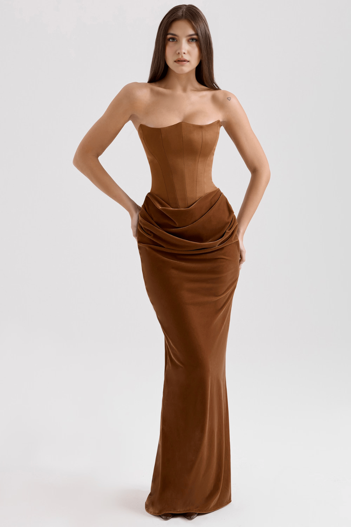 Bronzed Silhouette Korse Form Straplez Saten Elbise