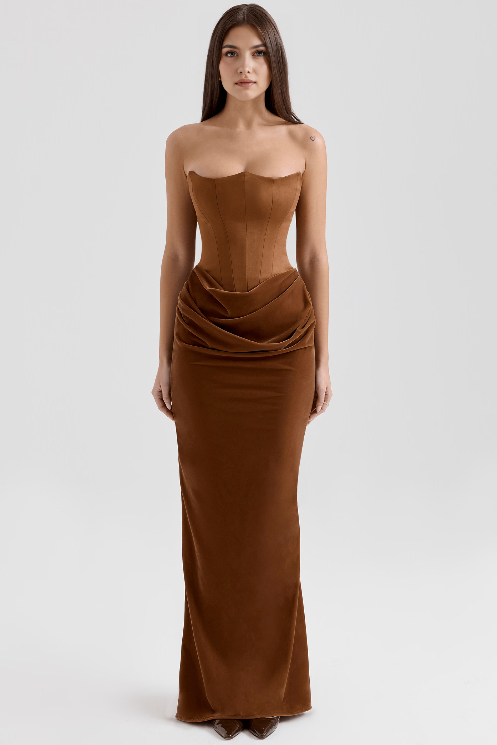 Bronzed Silhouette Korse Form Straplez Saten Elbise