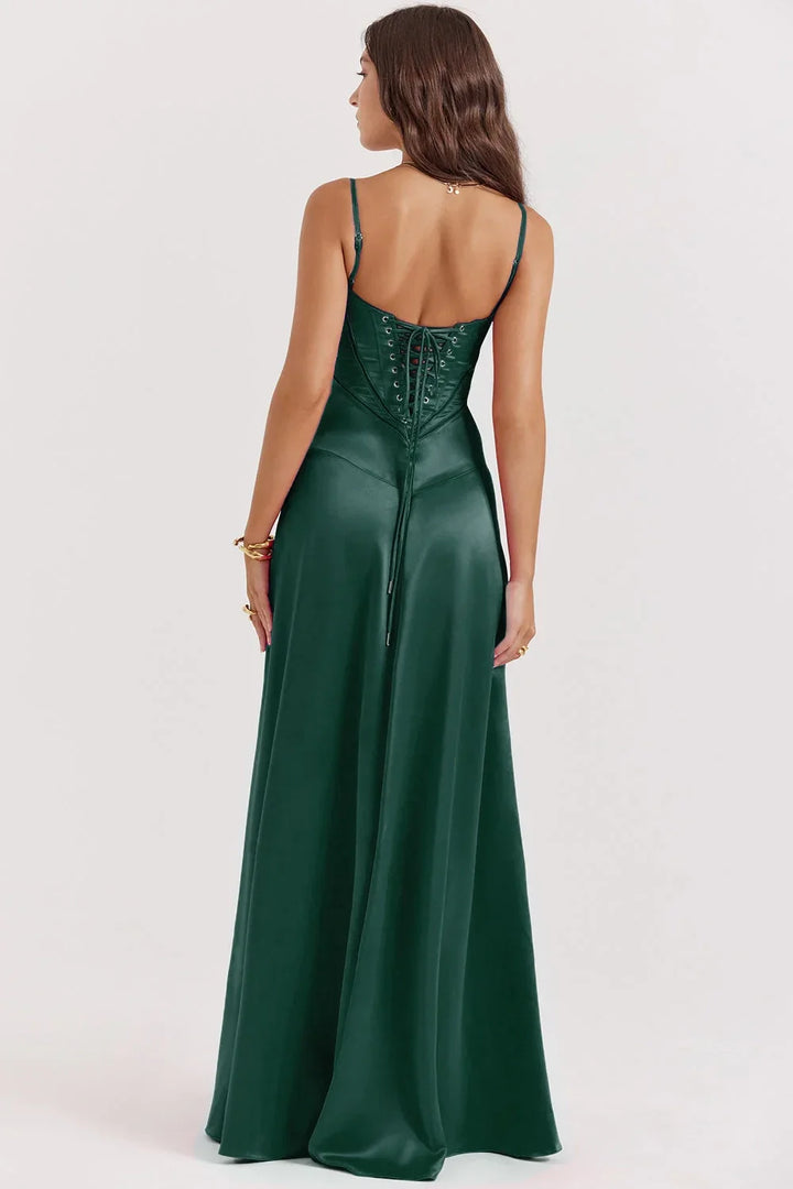 Emerald Allure Saten Uzun Elbise