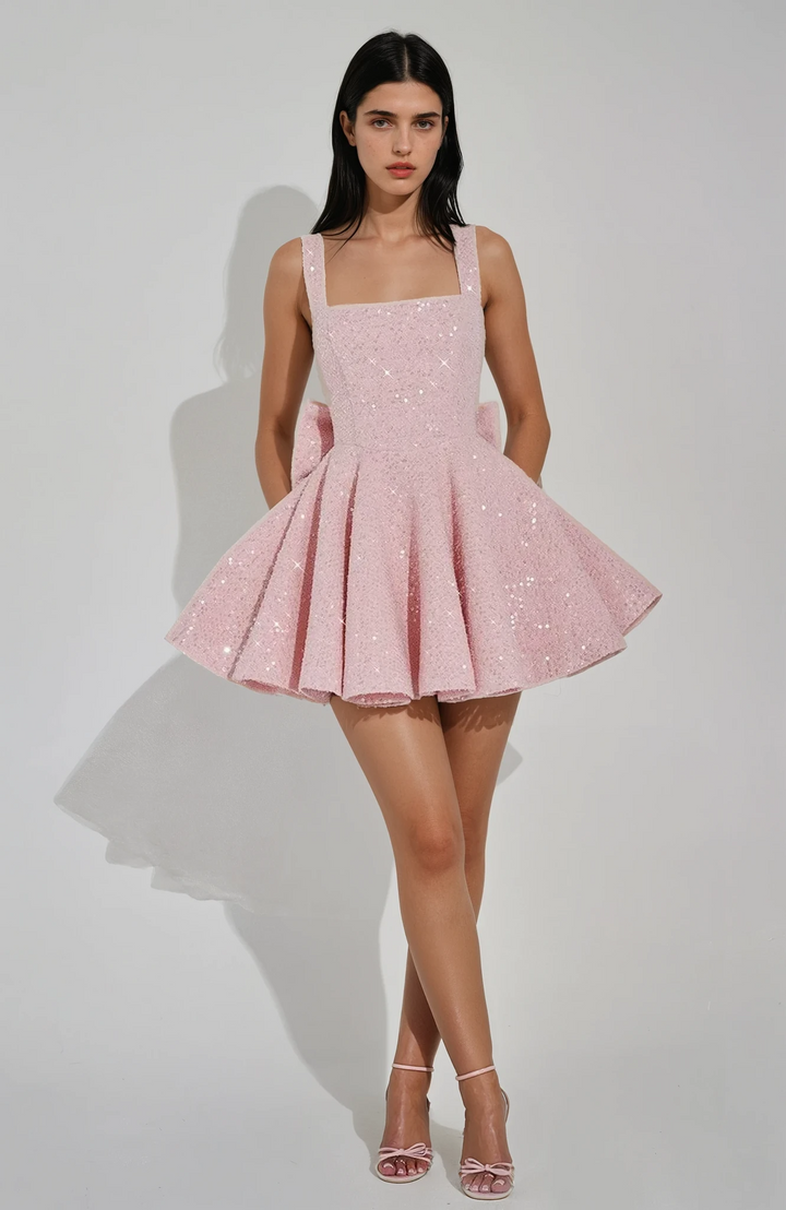 Blush Bow Parıltılı Mini Elbise
