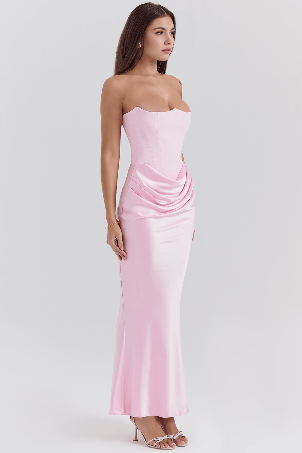 Bronzed Silhouette Korse Form Straplez Saten Elbise