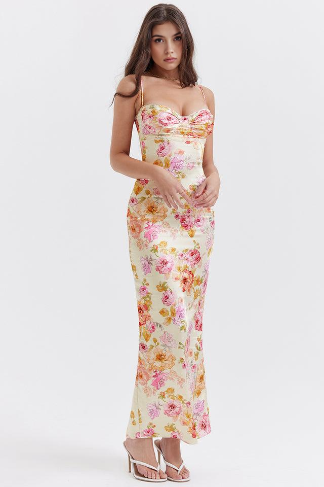 Blossom Dusk Saten Floral Askılı Elbise