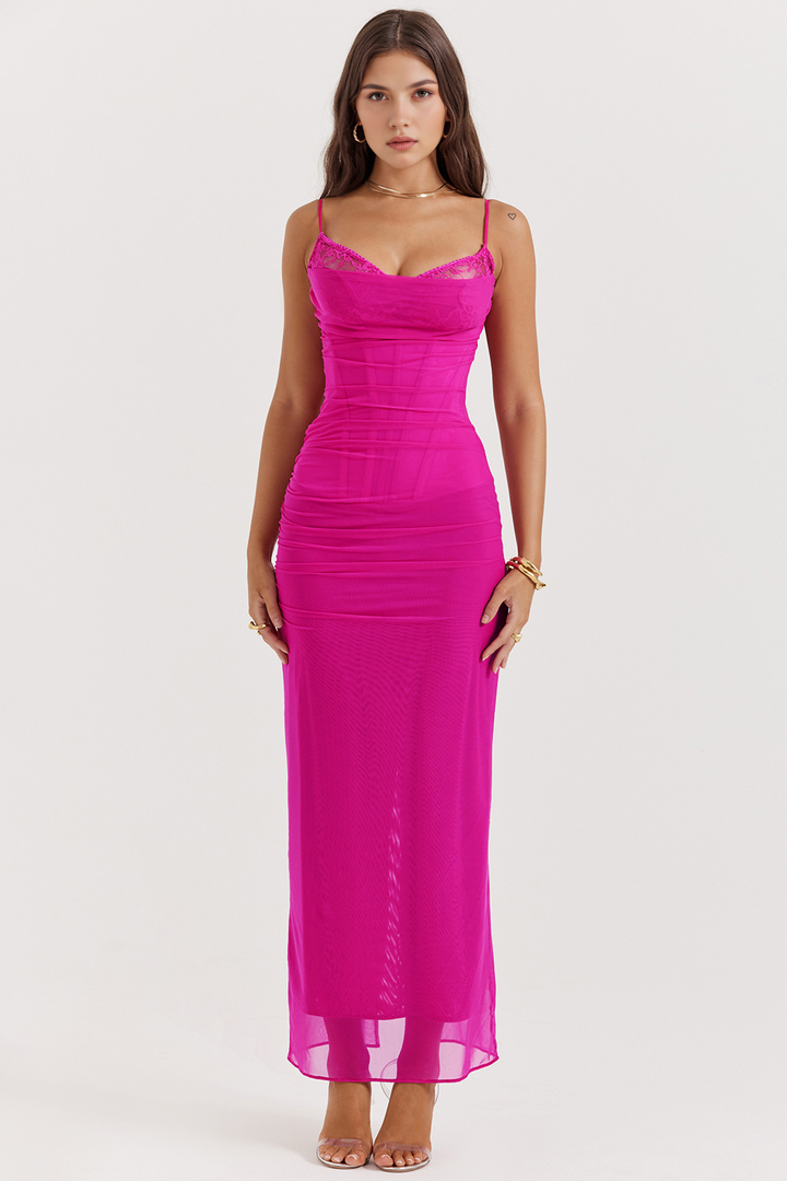 Electric Fuchsia Transparan Efektli Askılı Elbise