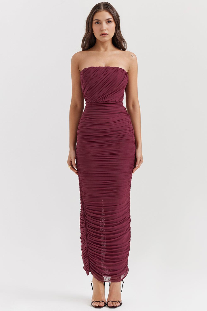 Velvet Merlot Drapeli Straplez Uzun Elbise