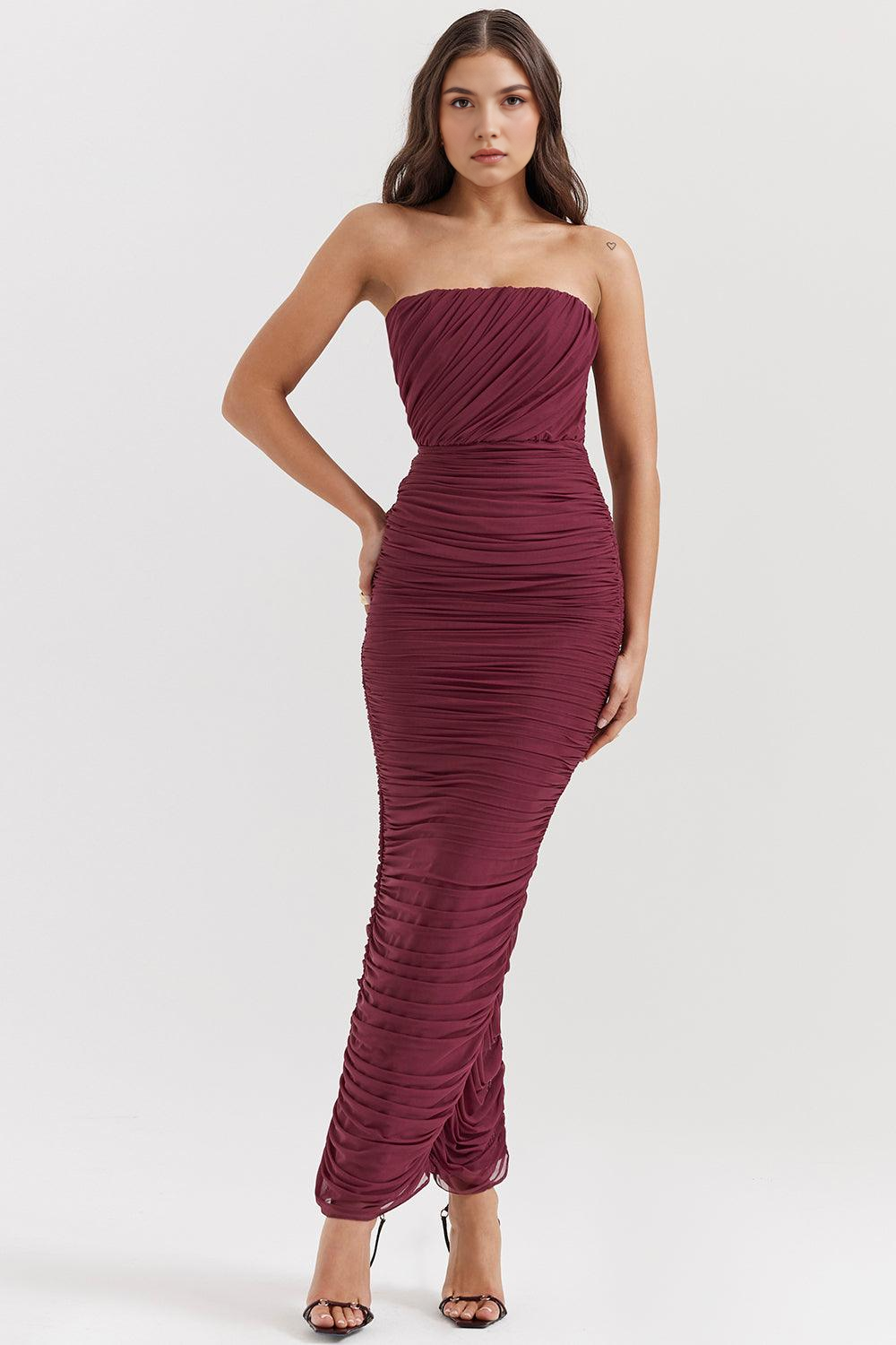 Velvet Merlot Drapeli Straplez Uzun Elbise