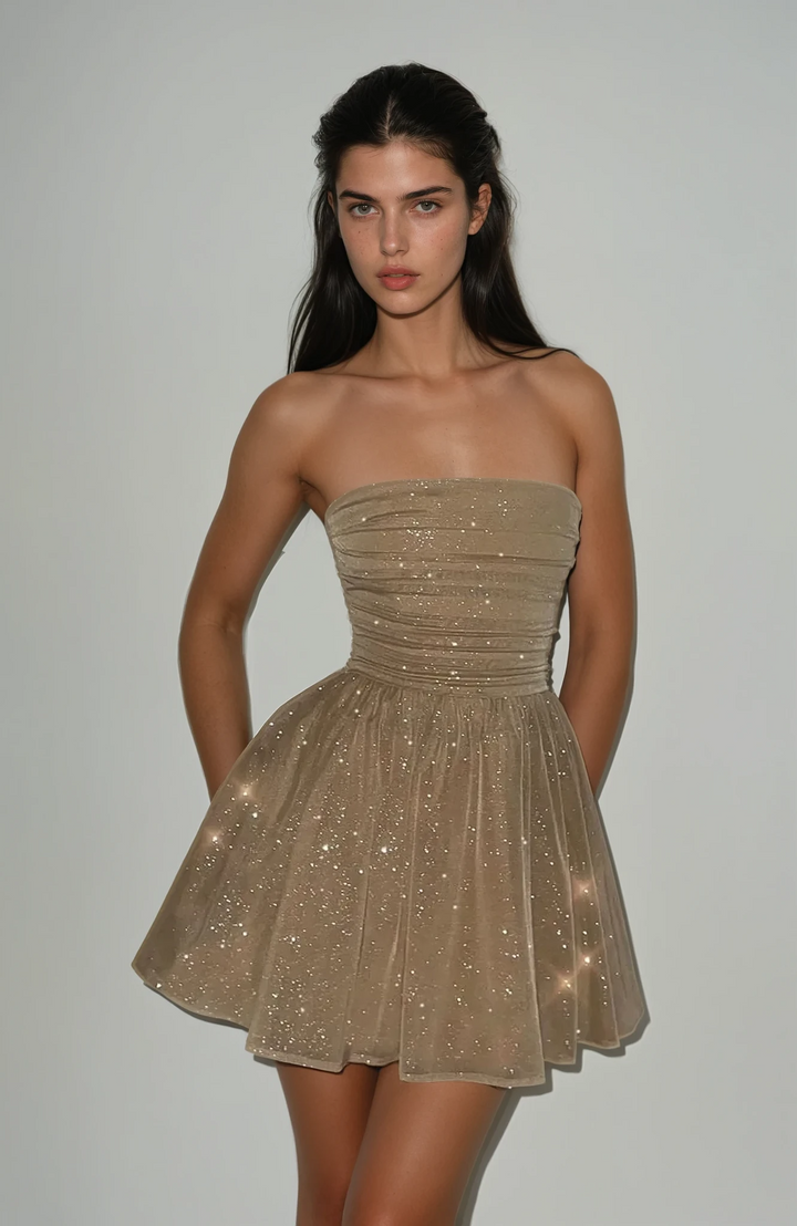 Aurora Gold Işıltılı Straplez Mini Elbise