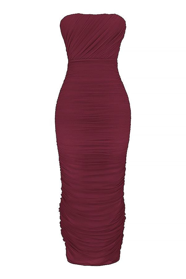 Velvet Merlot Drapeli Straplez Uzun Elbise