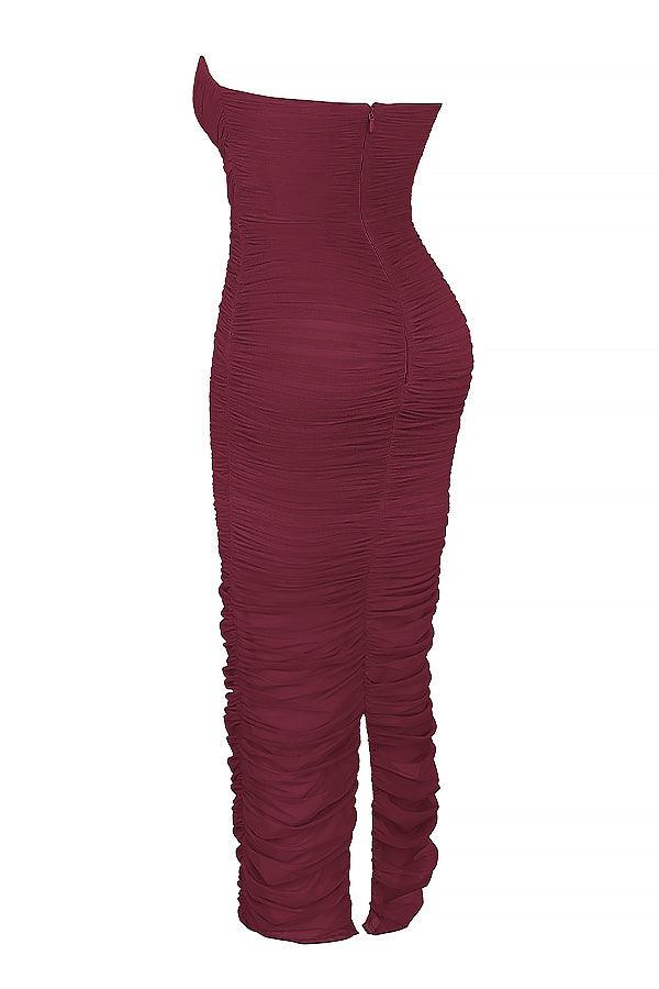 Velvet Merlot Drapeli Straplez Uzun Elbise